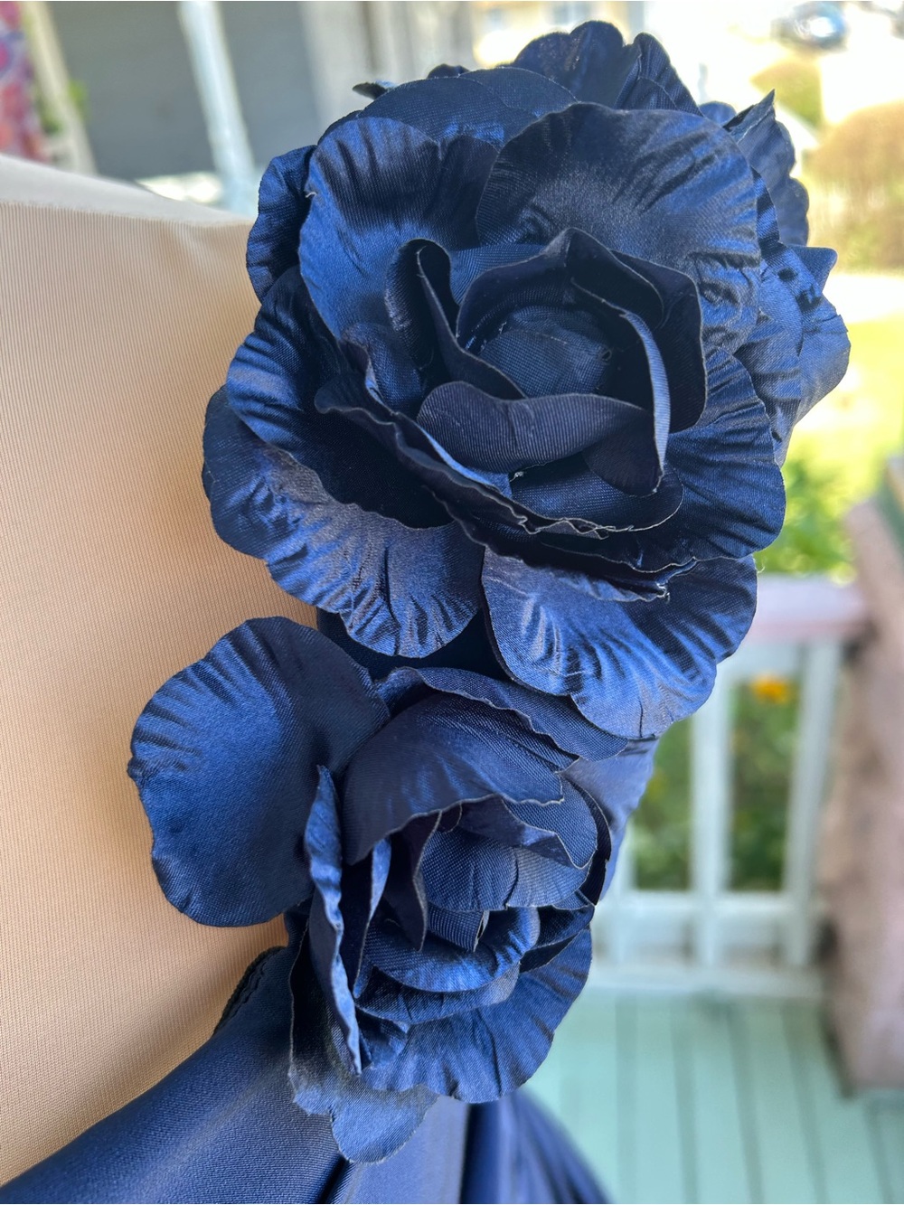 Mon Cheri Navy Evening Gown with Floral Shoulder Accents - Picture 3 of 9